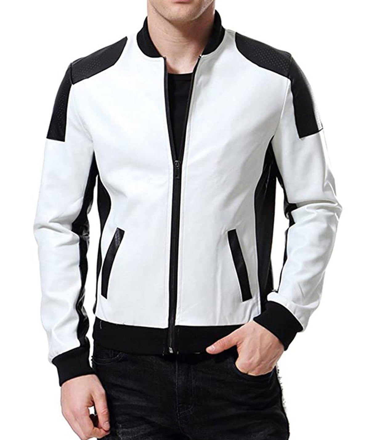 Chaqueta de Cuero Sintético para Hombre Blanco y Negro | Slim Fit | Estilo Casual Deportivo