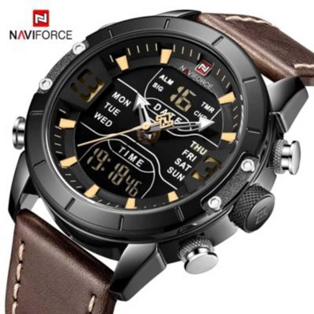 Reloj Naviforce Acero Plateado Negro y Cuero Marrón NAV-32