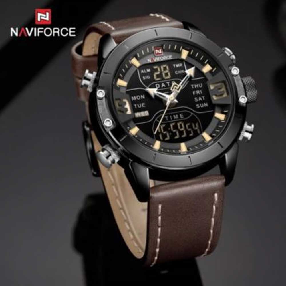Reloj Naviforce Acero Plateado Negro y Cuero Marrón NAV-32
