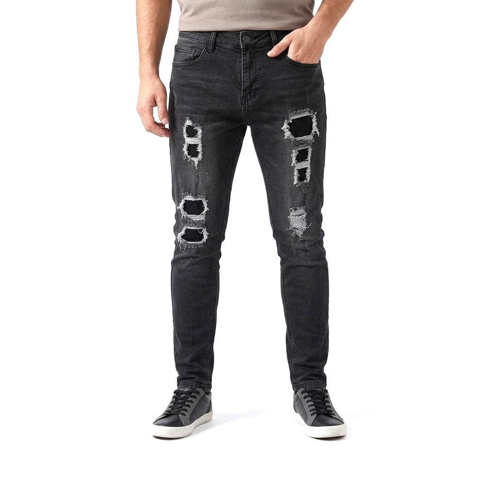 Jeans Hombre Estilo Punk Skinny Negro Rotos