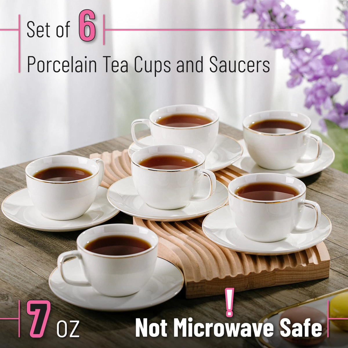 Juego de 6 Tazas para Cappuccino BTaT de Porcelana Blanca con Platillos y Borde Dorado – 207 ml
