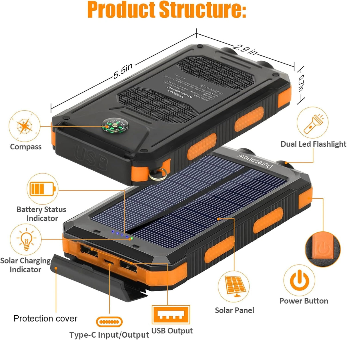 Power Bank Solar 20000mAh Impermeable Cargador Portátil con Doble Brújula LED