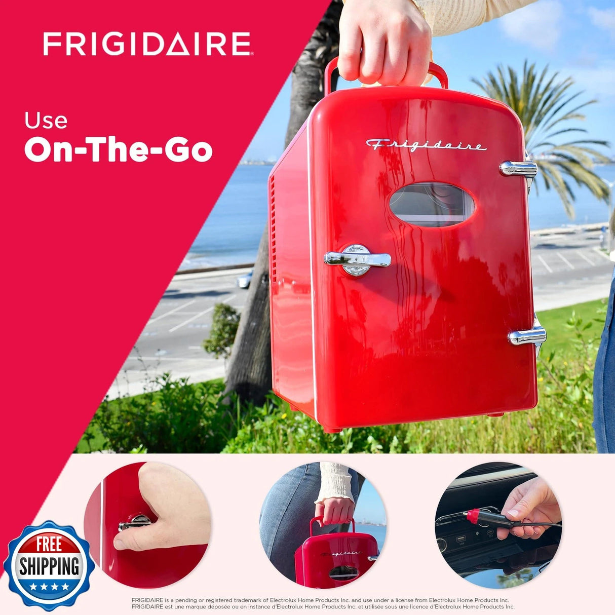 Mini refrigerador personal Frigidaire rojo, capacidad de 1 galón para seis latas
