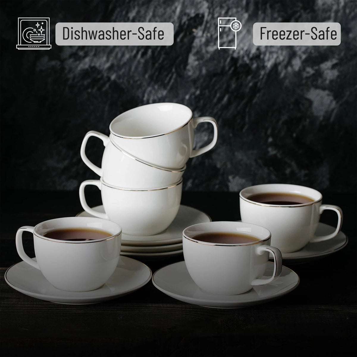 Juego de 6 Tazas para Cappuccino BTaT de Porcelana Blanca con Platillos y Borde Dorado – 207 ml