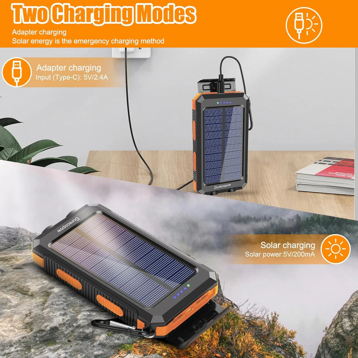Power Bank Solar 20000mAh Impermeable Cargador Portátil con Doble Brújula LED