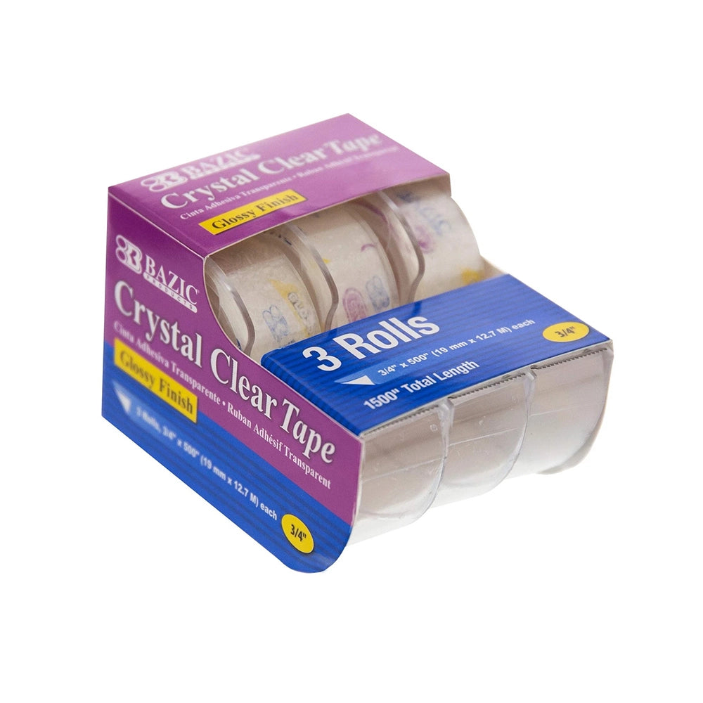 Cinta Transparente BAZIC Crystal Clear Tape 3/4" x 500" | Pack 3 Rollos con Dispensador