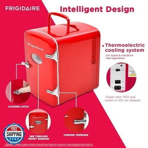 Mini refrigerador personal Frigidaire rojo, capacidad de 1 galón para seis latas