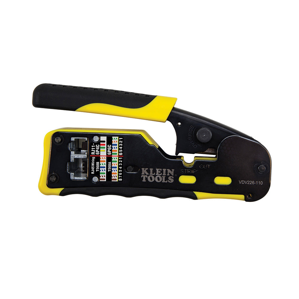 Klein Tools VDV226-110 Ponchadora, Pelacables y Cortacables con Matraca para Conectores Pass-Thru RJ45