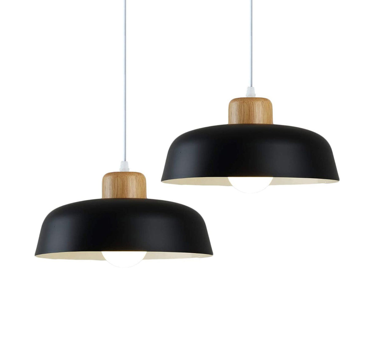 2 Unidades Lámpara colgante metal madera redonda nórdica E27 Negro