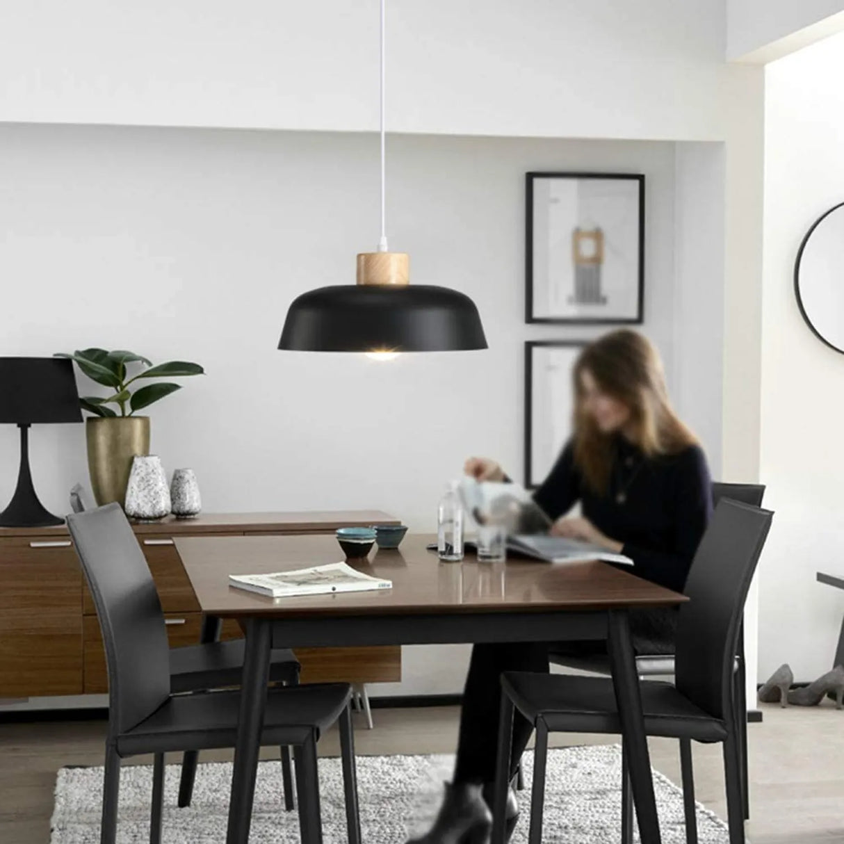 2 Unidades Lámpara colgante metal madera redonda nórdica E27 Negro