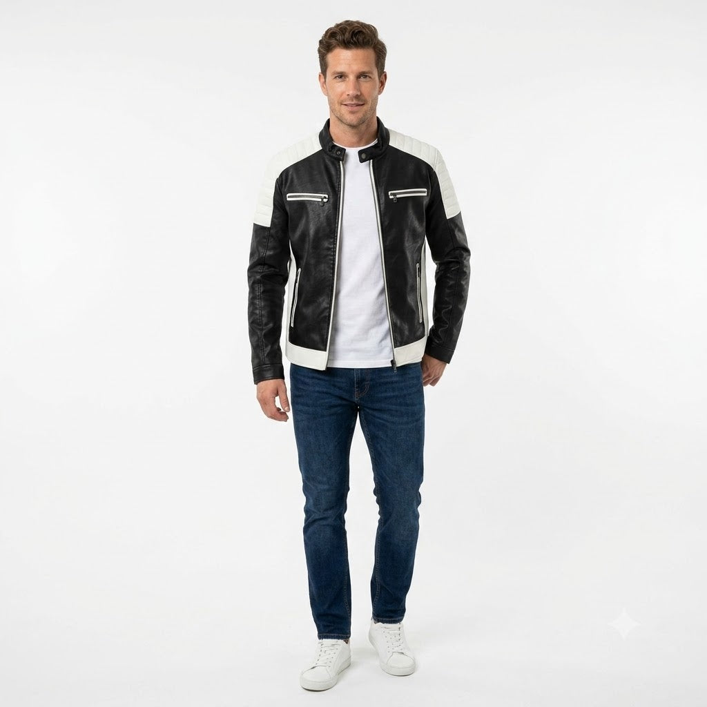 Chaqueta de Cuero Sintético para Hombre | Estilo Café Racer | Negro y Blanco | Slim Fit