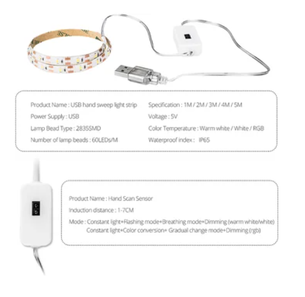 Tira LED 60 Luces a Prueba de Agua con sensor de mano