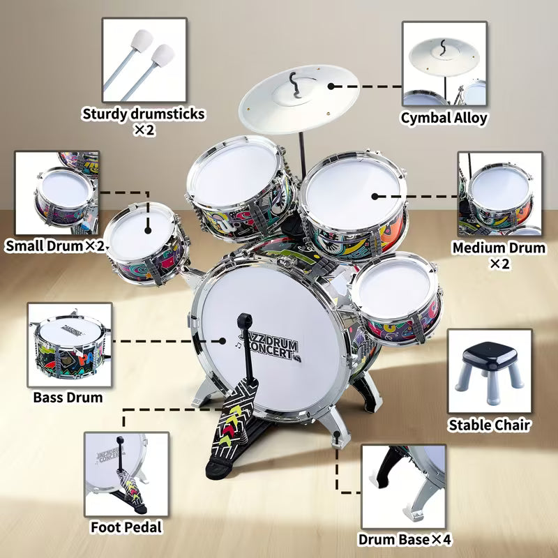 Set de Batería Infantil Jazz Drum Rock Kit 5 Piezas – Instrumento Musical para Niños