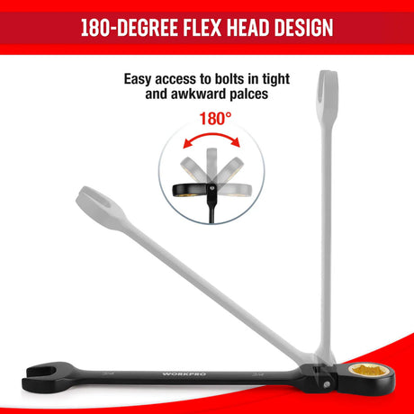Juego de Llaves Combinadas WORKPRO de Carraca 8 Piezas con Cabeza Flexible Antideslizante | Métricas CR-V