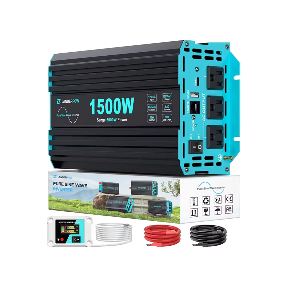 LANDERPOW Inversor de Onda Sinusoidal Pura 1500W – 12V DC a 120V AC