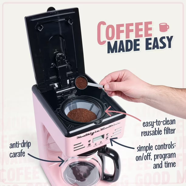 Cafetera Programable Nostalgia Retro 12 Tazas LED Rosa | Nueva | 120V