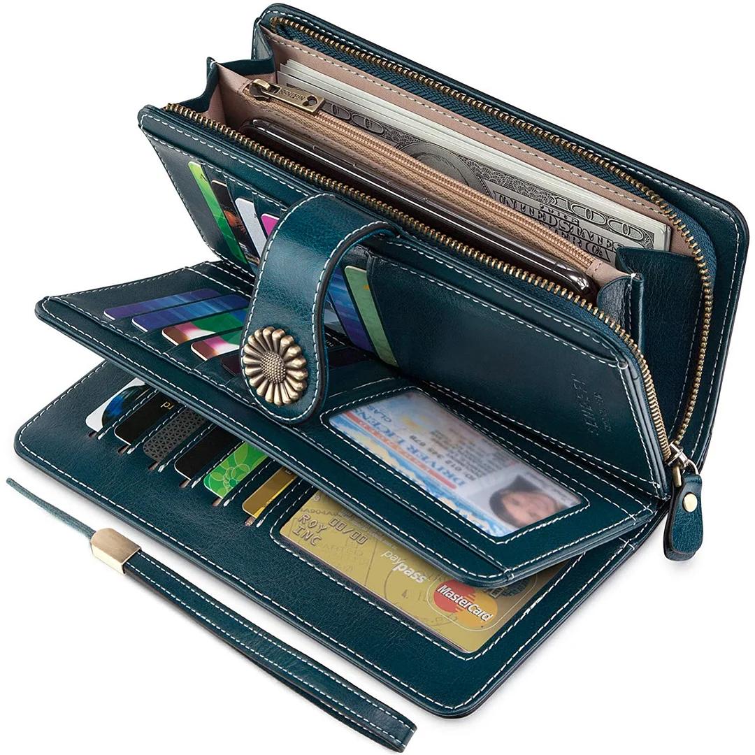Cartera Billetera SENDEFN Mujer Cuero Genuino RFID Peacock Blue con Correa