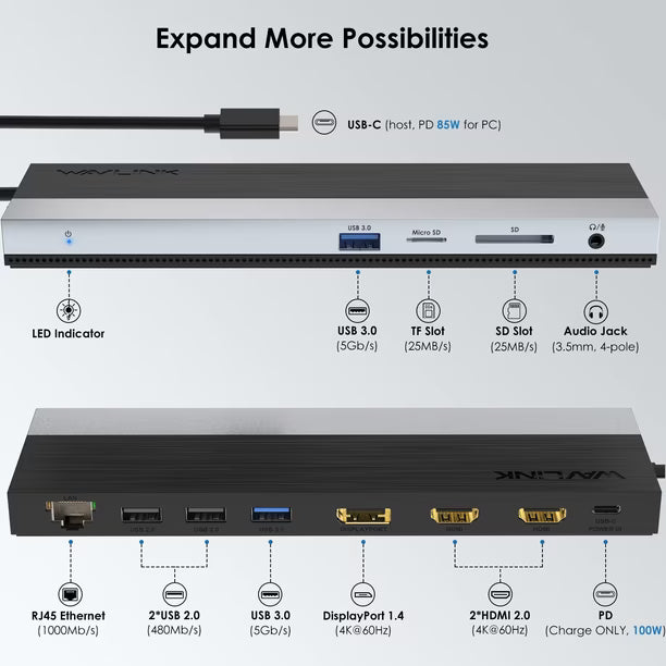 Estación de Acoplamiento WAVLINK WL-UMD08 USB-C Triple Pantalla | 11 en 1 | Power Delivery 85W