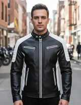 Chaqueta de Cuero Sintético para Hombre | Estilo Café Racer | Negro y Blanco | Slim Fit