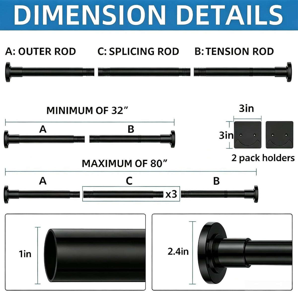 Barra Extensible CorkLatta para Cortina de Ducha Negra Mate de 81 a 203 cm