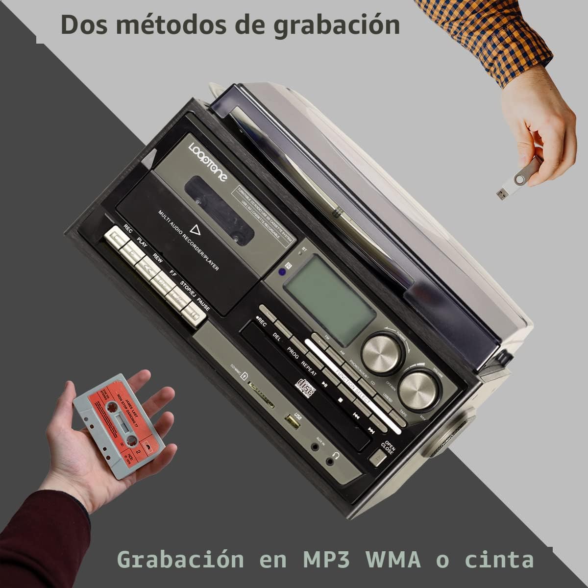 Tocadiscos LoopTone 10 en 1 Bluetooth – 3 Velocidades, CD, Casete, AM/FM, USB/SD – Negro/Gris