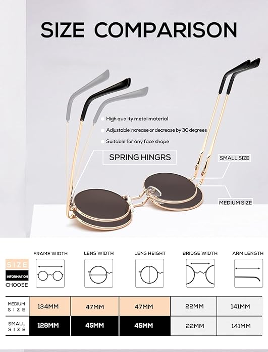 Pack 2 Lentes de sol polarizados redondos estilo retro, de metal, hippie, estilo círculo, protección UV