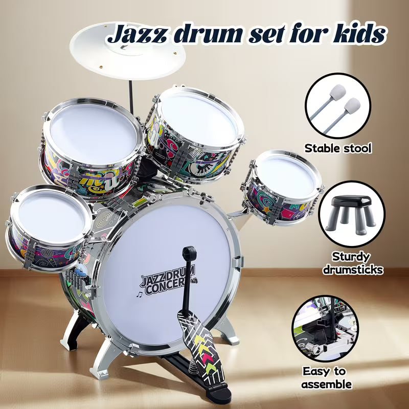 Set de Batería Infantil Jazz Drum Rock Kit 5 Piezas – Instrumento Musical para Niños