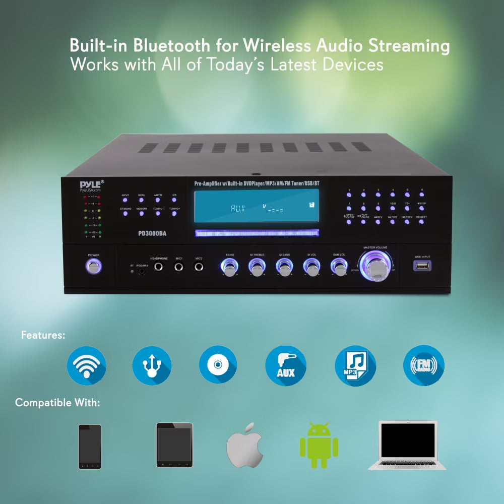 Pyle PD3000BA Receptor Estéreo de Audio y Video Bluetooth para Cine en Casa