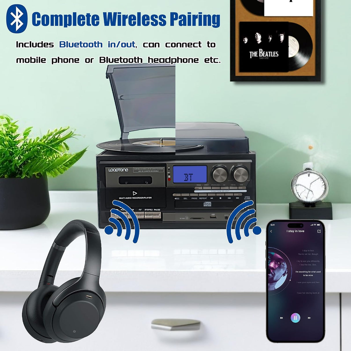 Tocadiscos LoopTone 10 en 1 Bluetooth – 3 Velocidades, CD, Casete, AM/FM, USB/SD – Negro/Gris