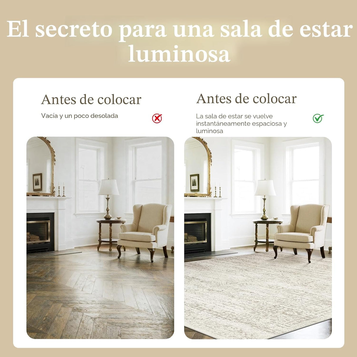 Alfombra Lavable Vintage 244 × 305 cm | Lana Sintética Ultra Suave | Antideslizante | Beige Marfil
