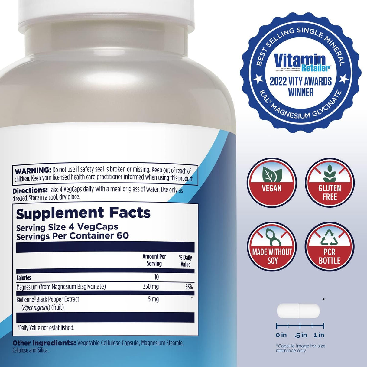 KAL Magnesium Glycinate Alta Absorción | Magnesio Bisglicinato Quelado | 240 Cápsulas Veganas | 60 Porciones