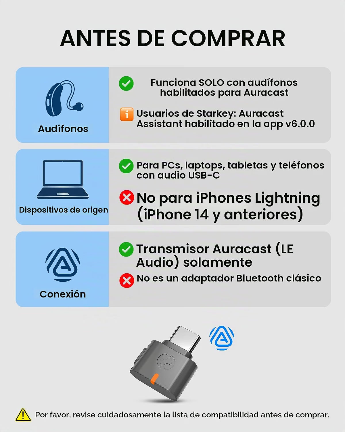 Avantree C82 Aura Transmisor Auracast USB-C Bluetooth 5.4 para Audífonos Compatibles