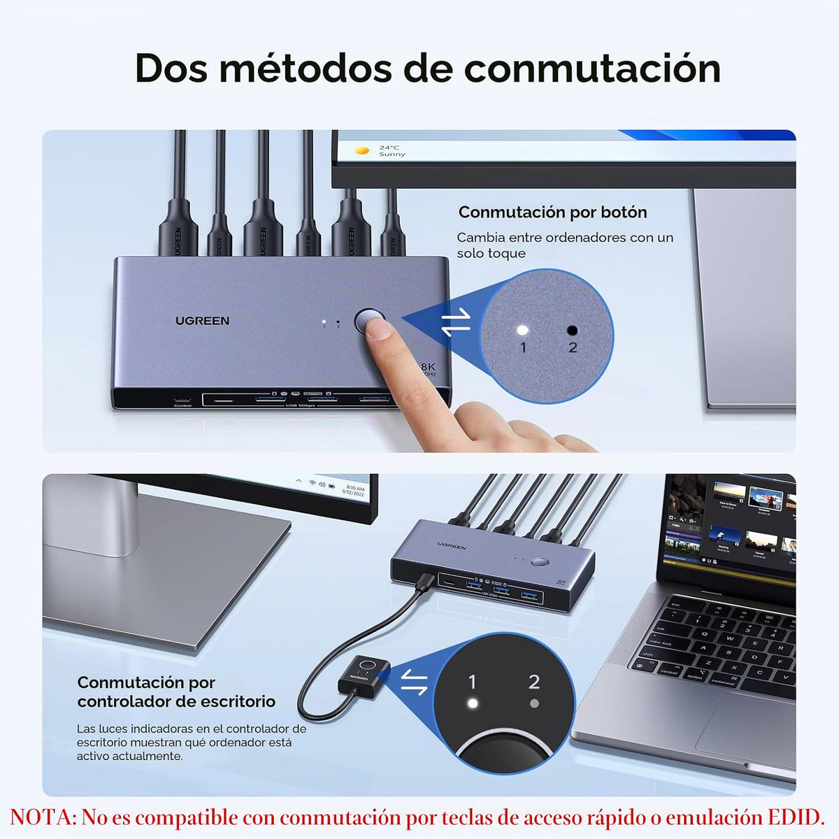 UGREEN 25962A Switch KVM DisplayPort 8K 60Hz para 2 Computadores con 4 USB 3.0