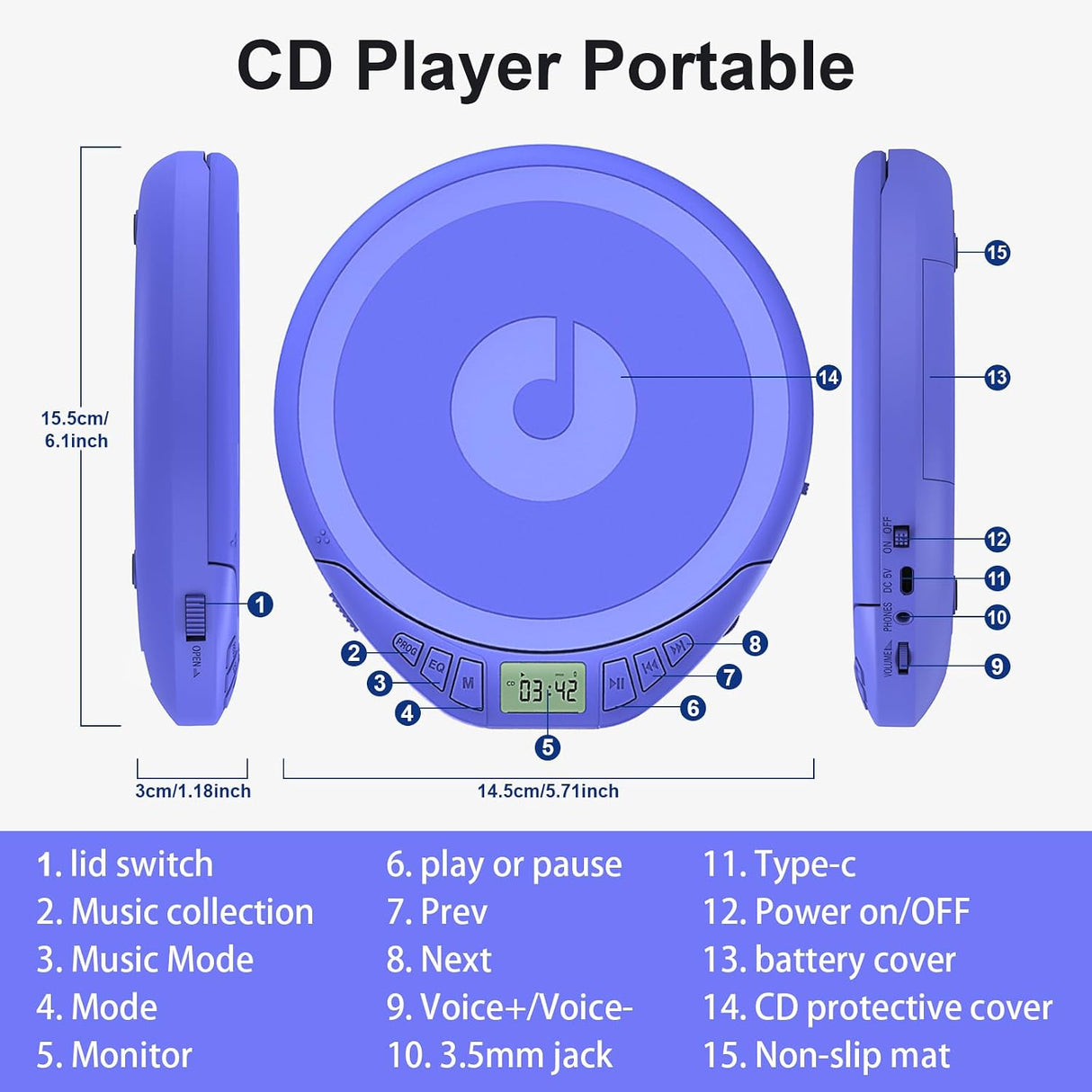 Gueray H-01 Reproductor de CD Portátil Discman con Audífonos y Anti-Salto
