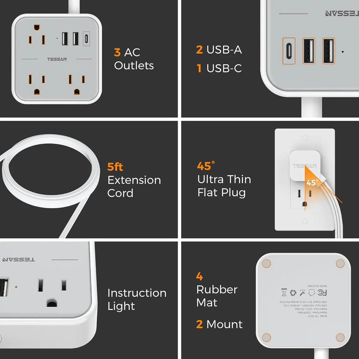 Regleta Eléctrica TESSAN con Enchufe Plano, 4 Tomas AC y 3 Puertos USB (1 USB-C + 2 USB-A)