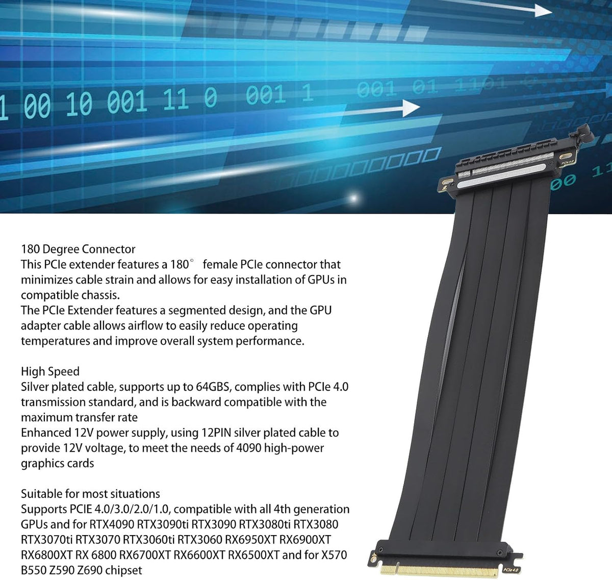 Cable Riser PCIe 4.0 x16 GOWENIC 25 cm 180° para Tarjeta Gráfica
