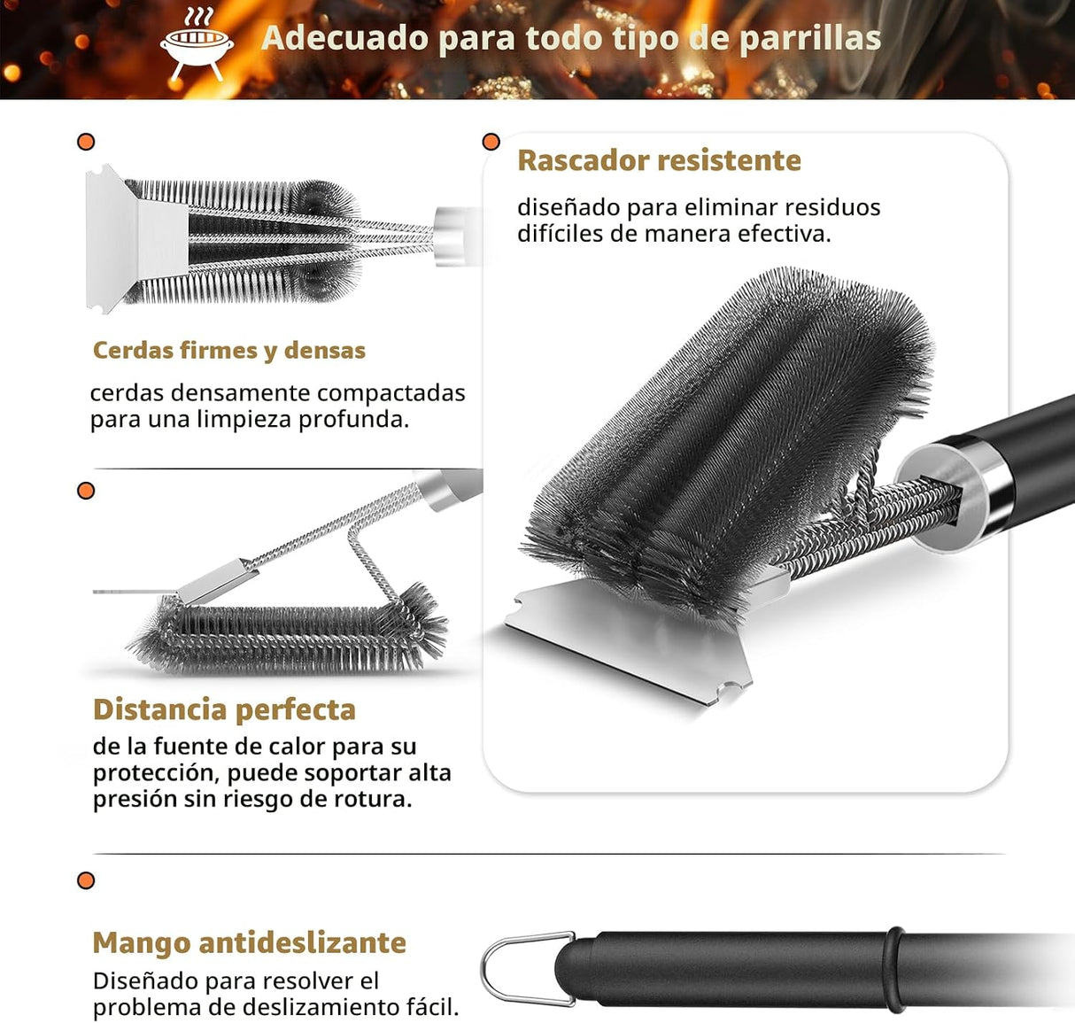TNTOR – Cepillo para Parrilla con Raspador y Mango Ajustable de 18"