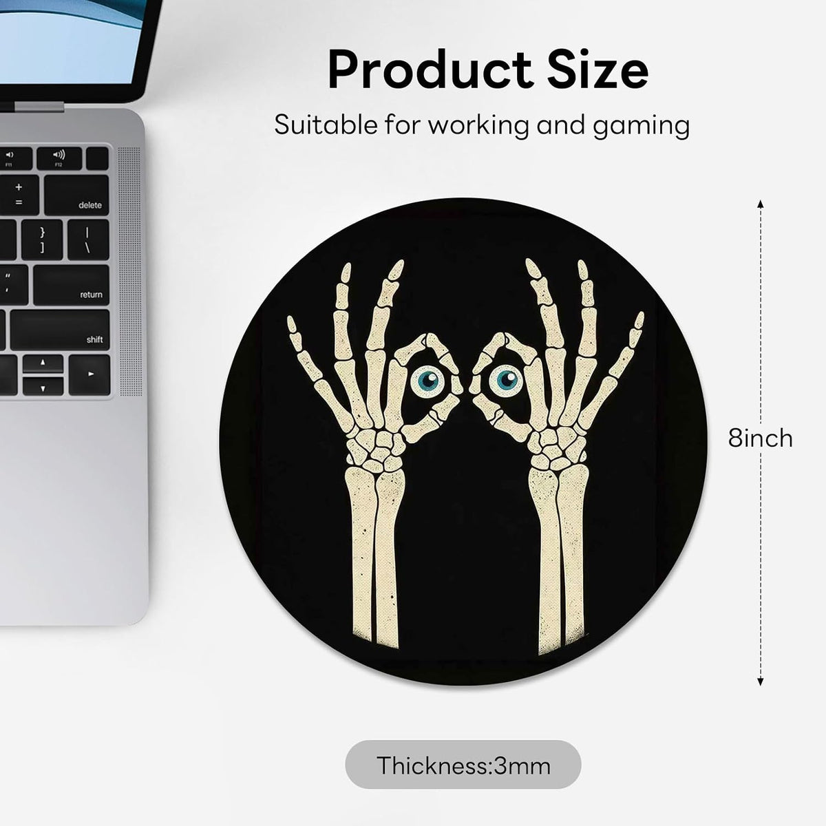 Mouse Pad Redondo 8x8 Pulgadas con Base Antideslizante – Diseño Skeleton Hands