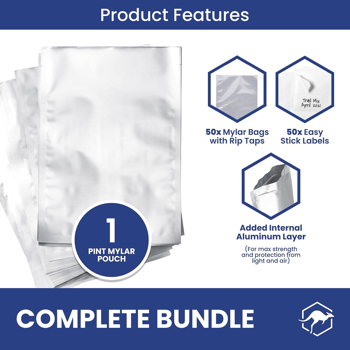 Bolsas Mylar Wallaby 1 Pint | Pack de 50 | 10 Mil | Sellado Térmico | Plata