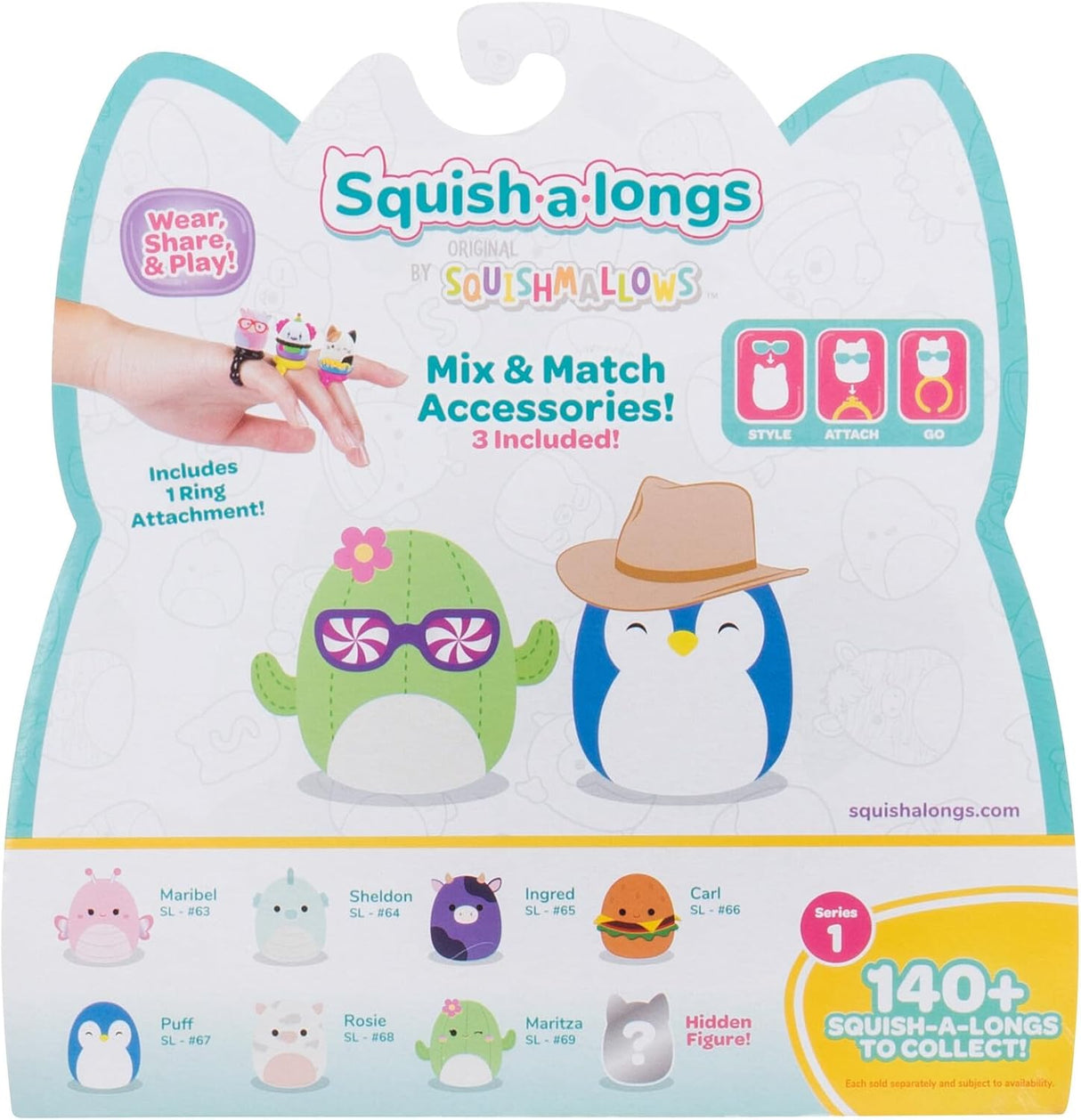 Squish-a-longs Paquete de 8 Mini-Squish de 1 pulgada con 2 accesorios, anillo y guía de coleccionista