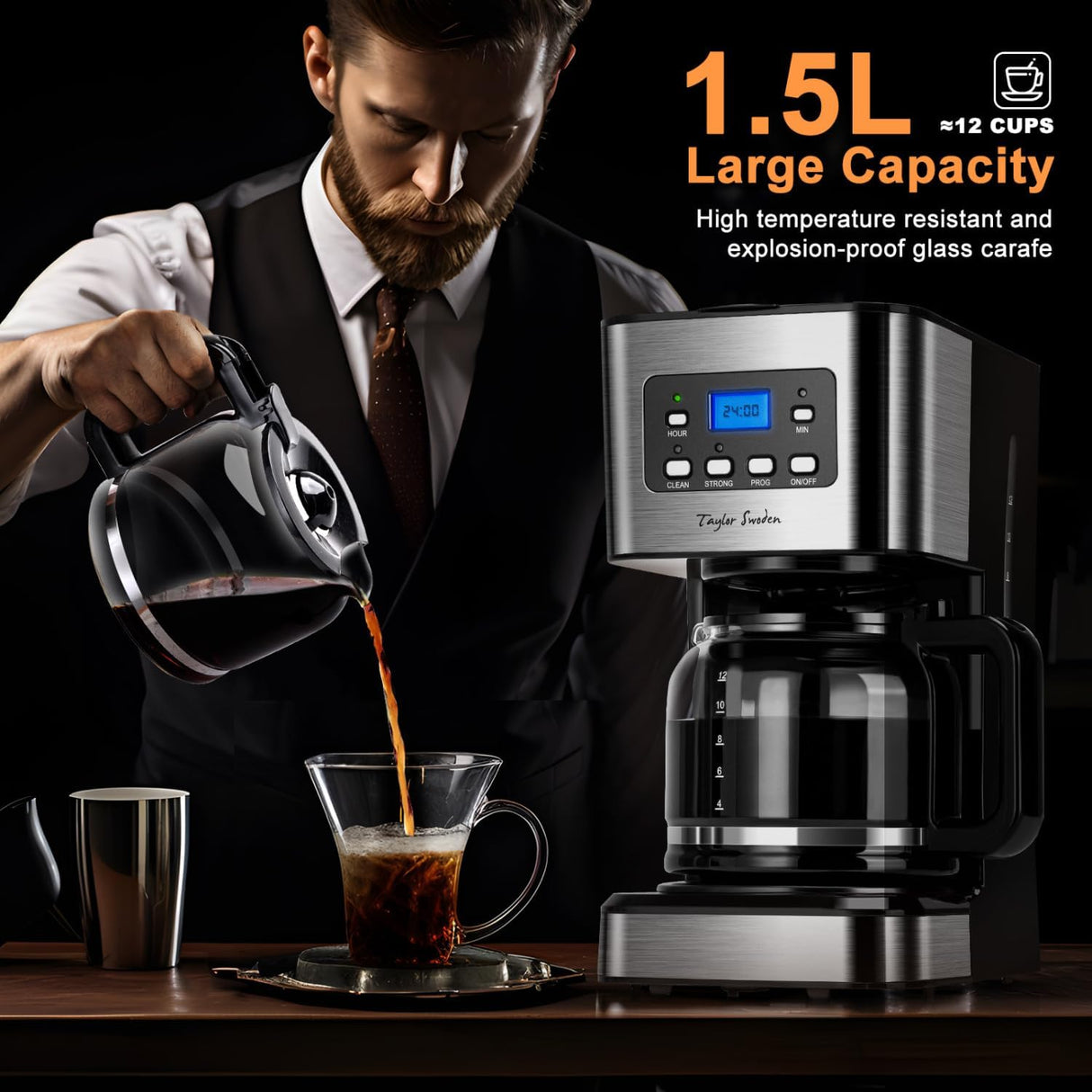 Cafetera eléctrica Taylor Swoden Darcy, programable 24 horas, 1,5 l (12 tazas) 110V