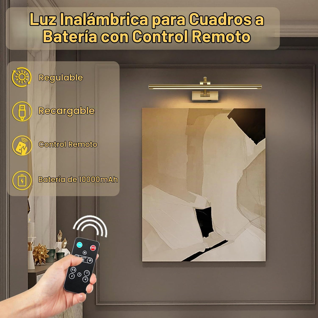 DESOOP Lámpara Inalámbrica para Cuadros 24" – LED Cálida Recargable con Control Remoto