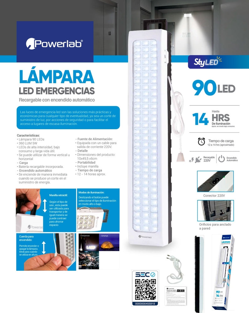 Lámpara de emergencia Powerlab LED con batería recargable 5W blanco