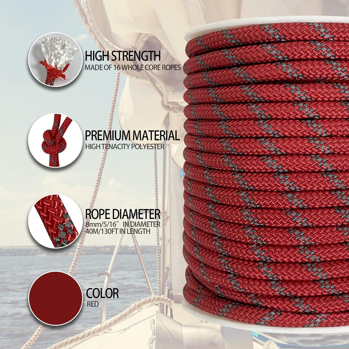 Cuerda Paracord Reflectante Sutekus 5/16" x 130 Pies | Alta Resistencia | Color Rojo