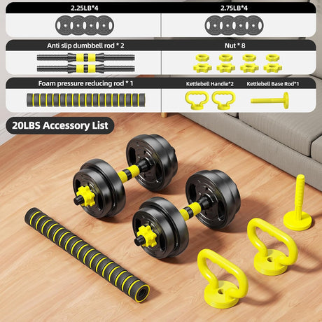 Set de Pesas Ajustables HUAYA 4 en 1 de 9,07 kg con Barra Conectora