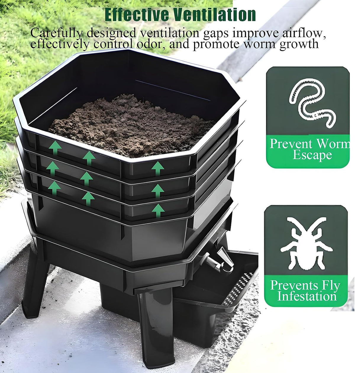 Vermicompostera de 4 Bandejas para Jardín con Ventilación y Grifo