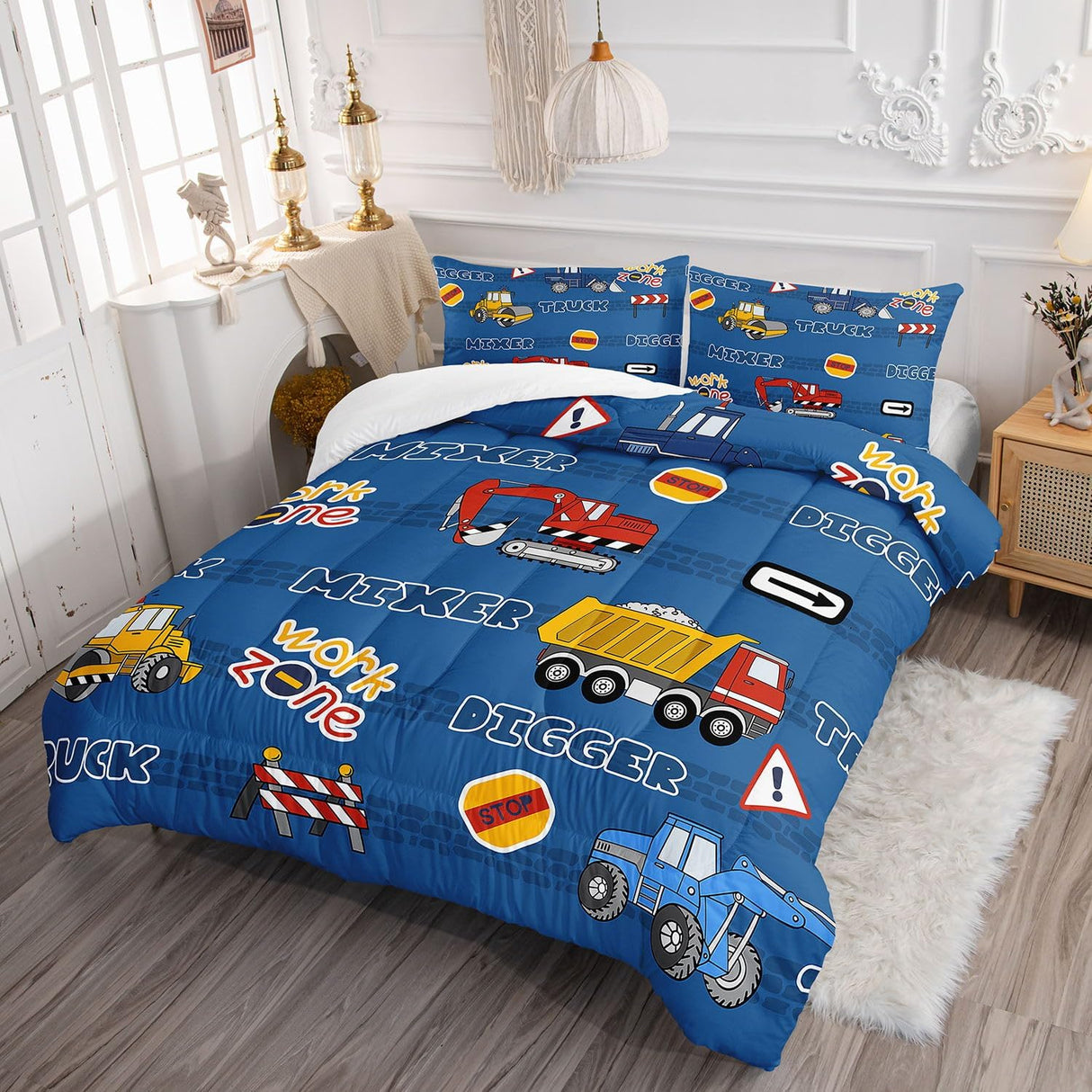 Datura home Construction Truck – Set de Comforter Infantil con Vehículos de Construcción Full