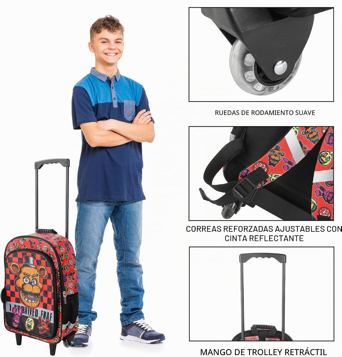 Mochila de Viaje Rodante Five Nights at Freddy’s 16” con Ruedas y Llavero de Pizza – Bioworld