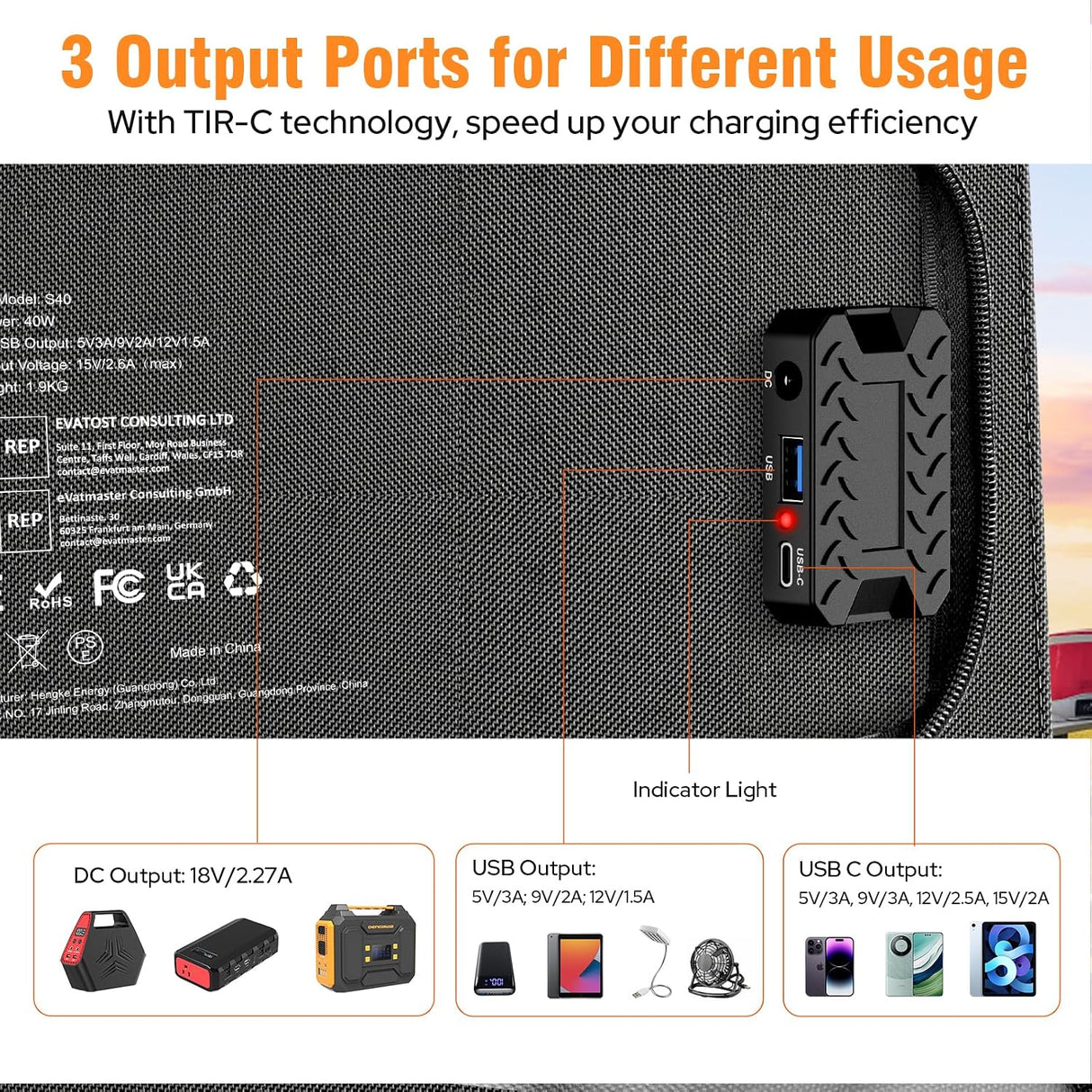 Panel Solar Portátil Plegable SinKeu 40W | Cargador Solar USB QC 3.0 y Salida DC 12-15V