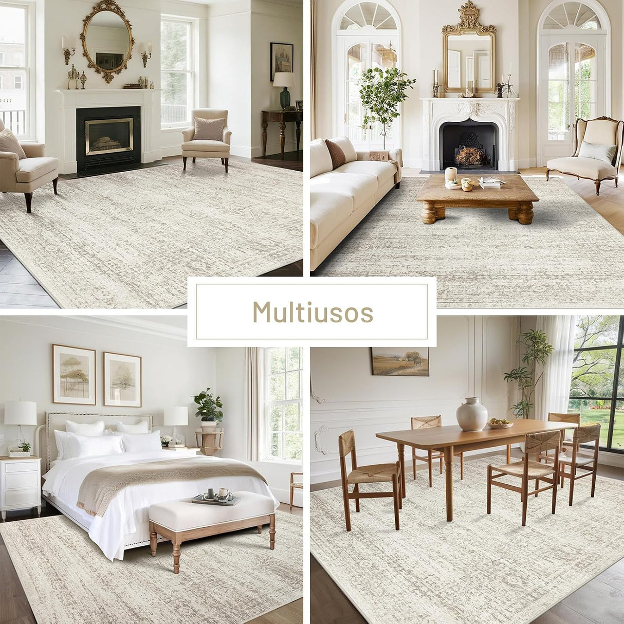 Alfombra Lavable Vintage 244 × 305 cm | Lana Sintética Ultra Suave | Antideslizante | Beige Marfil